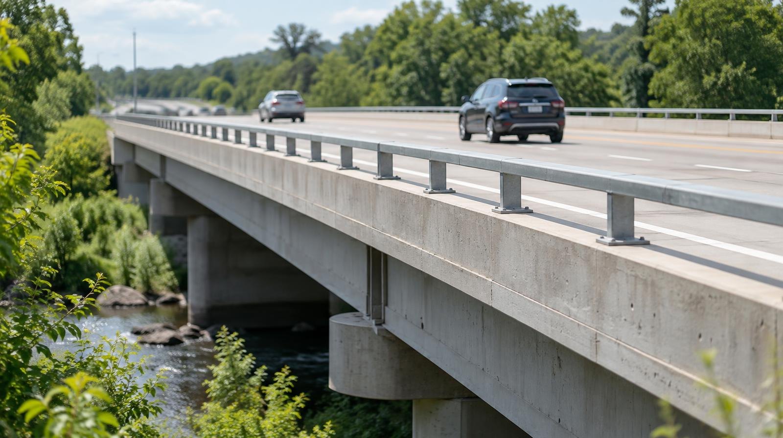 A wide four-lane concrete bridge over a small tree-lined creek on a clear day.