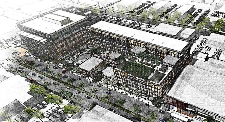 Aerial architectural sketch of a multi-building mixed-use development with multi-story buildings, landscaping, and surrounding streets.