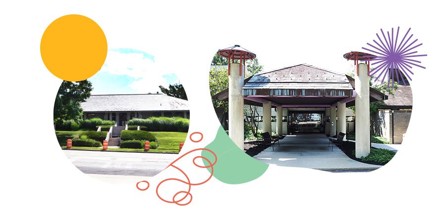 Two exterior views of low-rise public library buildings with landscaping and trees.
