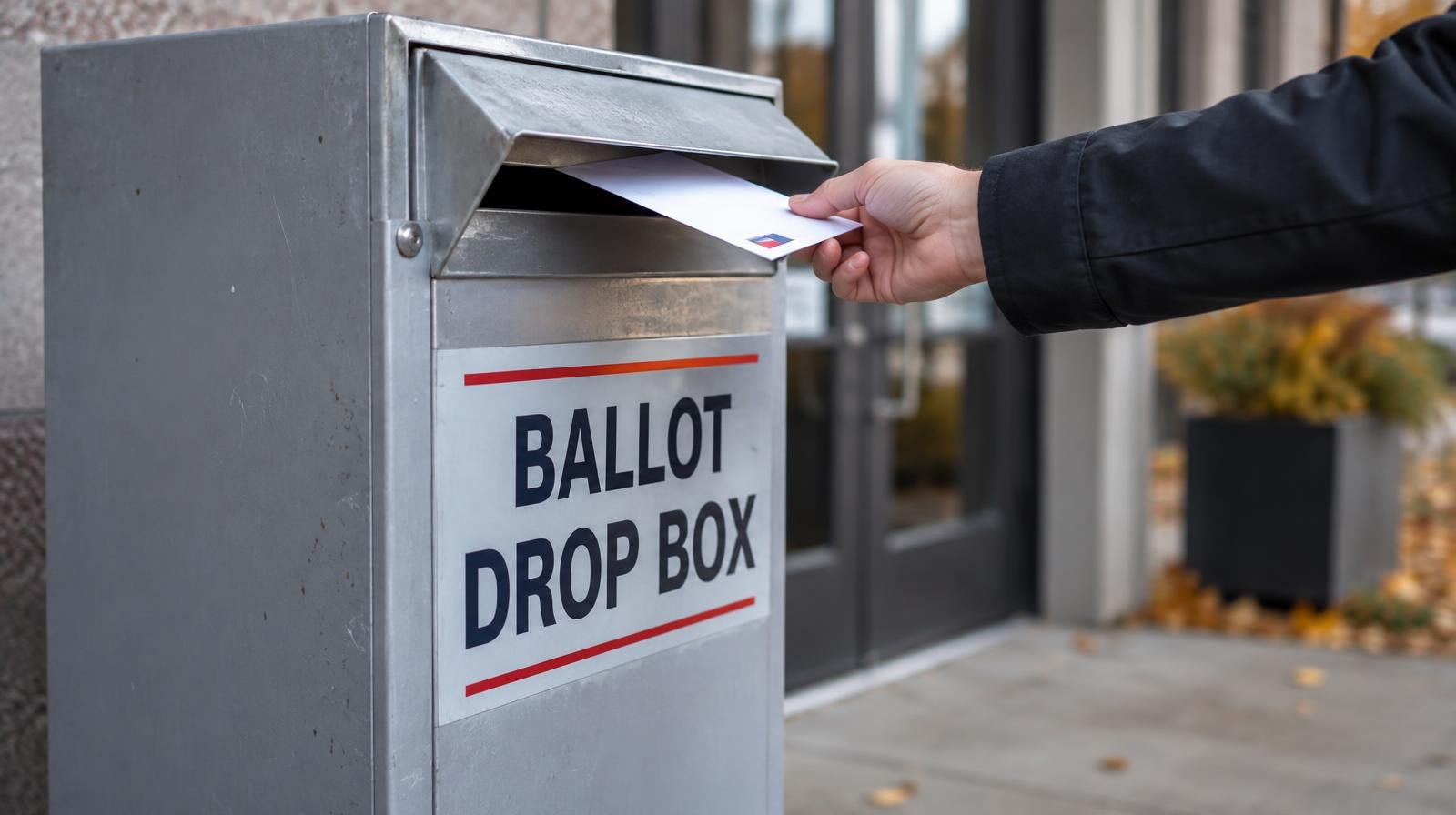 A metal ballot drop box with a mail slot mounted outside a building entrance.