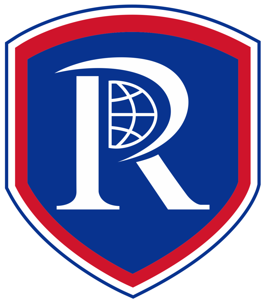Shield-shaped school logo with a large letter R and globe graphic in blue, red, and white.