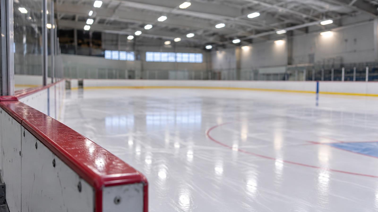 Empty indoor ice rink with smooth ice surface and overhead arena lights.