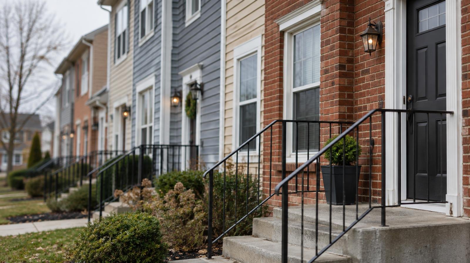 Row of modest attached townhouse units with small front stoops.