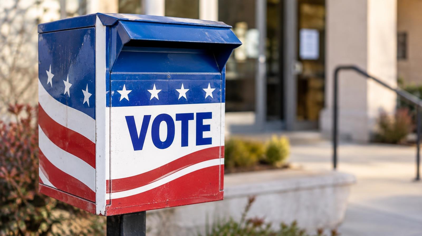 A red, white, and blue ballot drop box mounted on a post outdoors near a building entrance.