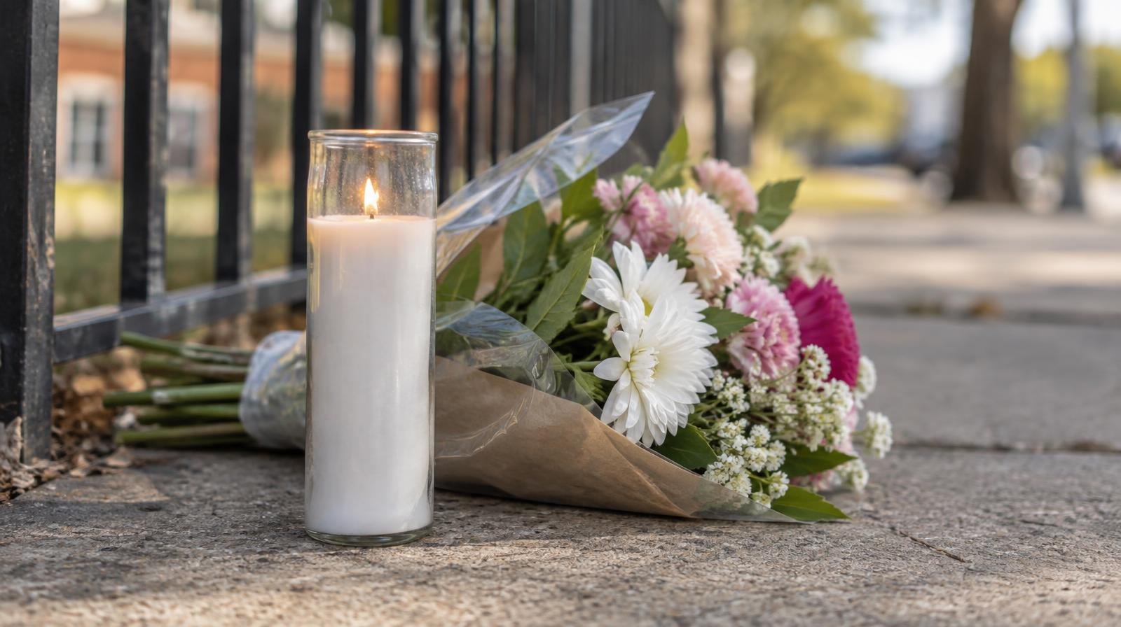 A lit candle and fresh flowers placed on a concrete sidewalk as a memorial.