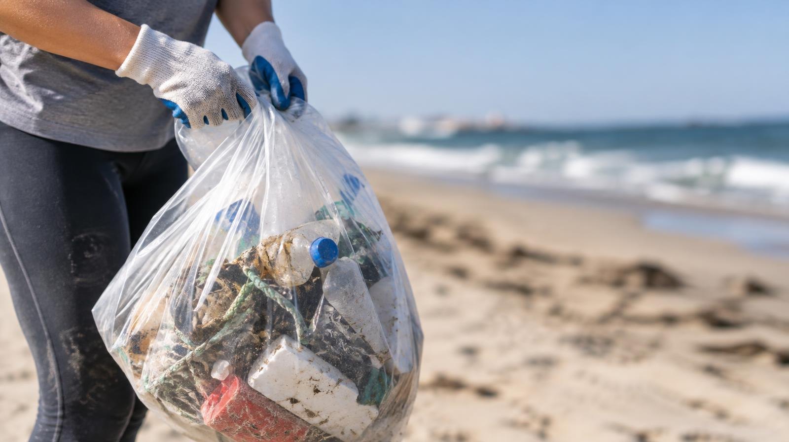 Gloved hands holding a clear plastic bag filled with beach debris on a sandy shore.