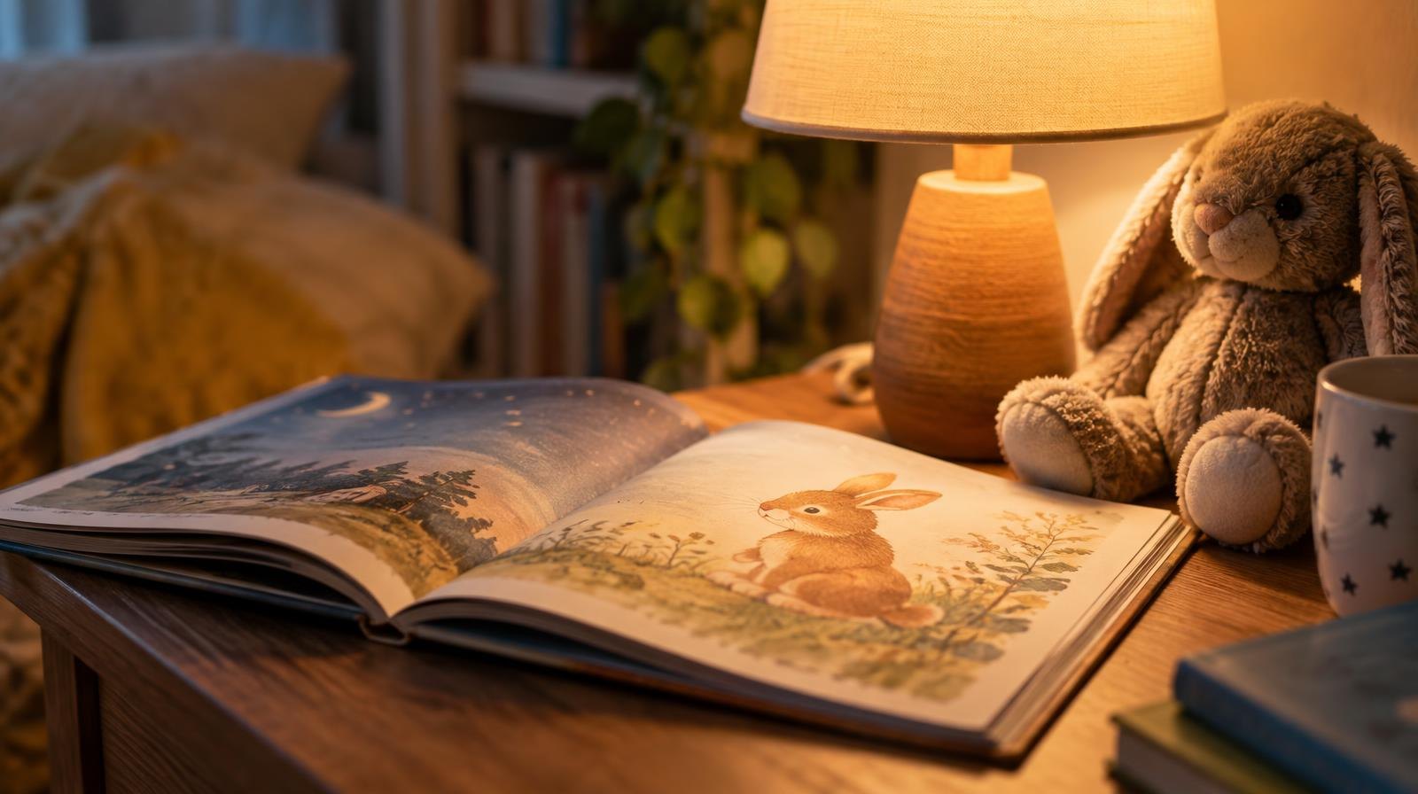 Open children's book on a wooden table beside a plush toy and glowing lamp.