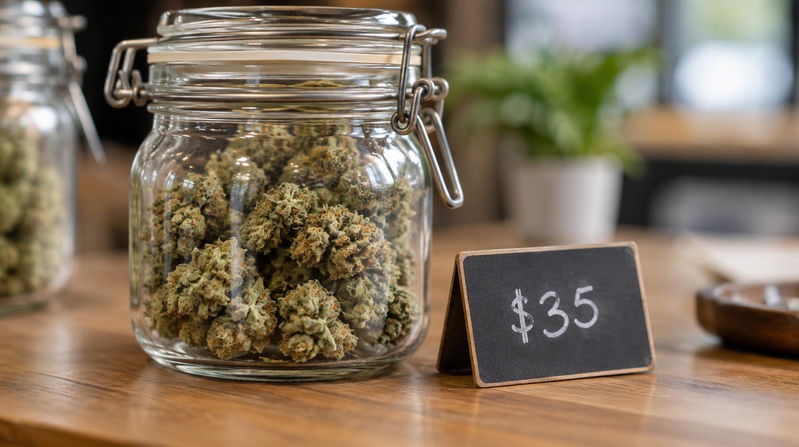 Glass jar of dried cannabis buds on a wooden surface beside a price tag.