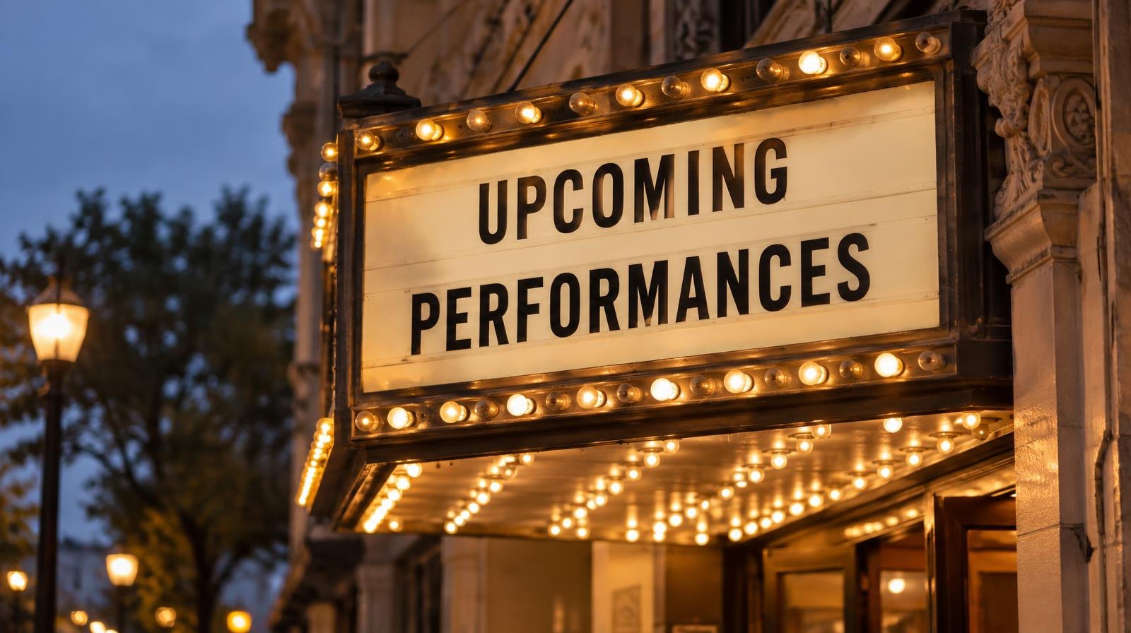 Illuminated theater marquee with light bulbs on a classic venue facade at evening.