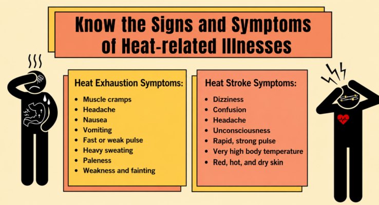 Infographic comparing heat exhaustion and heat stroke symptoms with cartoon illustrations of affected people.