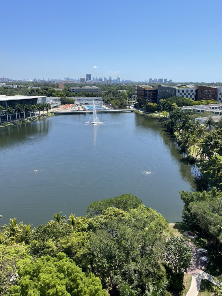 Fountain in a campus lake surrounded by palm trees and buildings under a blue sky.