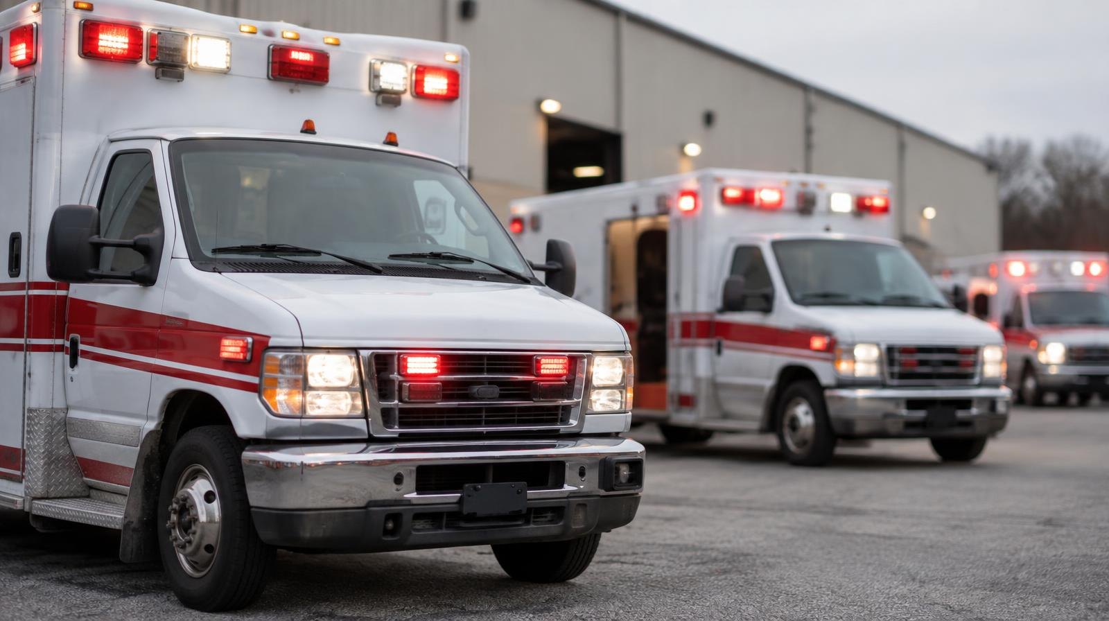 Several ambulances with flashing lights parked outside a large industrial warehouse building.