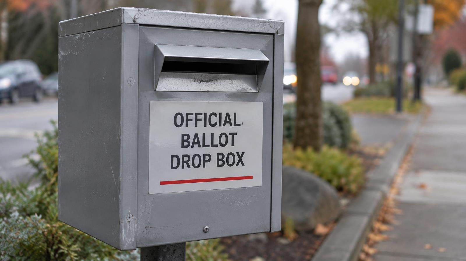 A gray metal ballot drop box mounted on a post on a sidewalk.