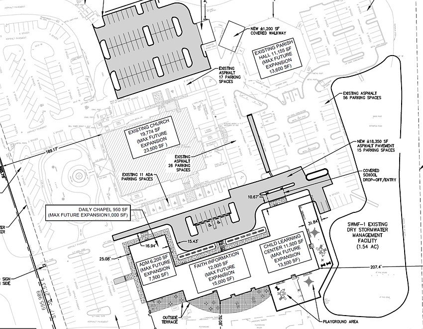 Architectural site plan showing proposed buildings and parking areas on a church campus.