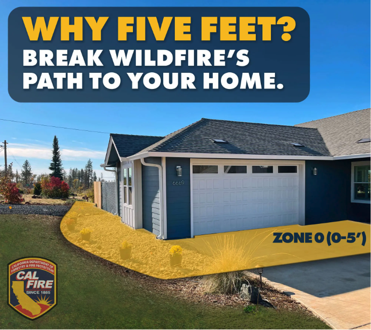 A CAL FIRE graphic showing a home with its Zone 0 area, the five feet closest to the house, highlighted in yellow, with text reading "Why Five Feet? Break Wildfire's Path to Your Home."