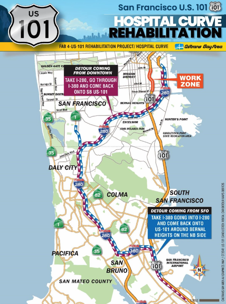 Caltrans detour map of San Francisco showing the Hospital Curve work zone on U.S. 101, with suggested routes via I-280 and I-380 for drivers coming from downtown San Francisco and from SFO.