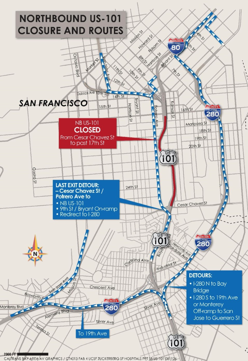 Caltrans map showing the northbound US-101 closure between Cesar Chavez Street and 17th Street, with I-280 detour routes.