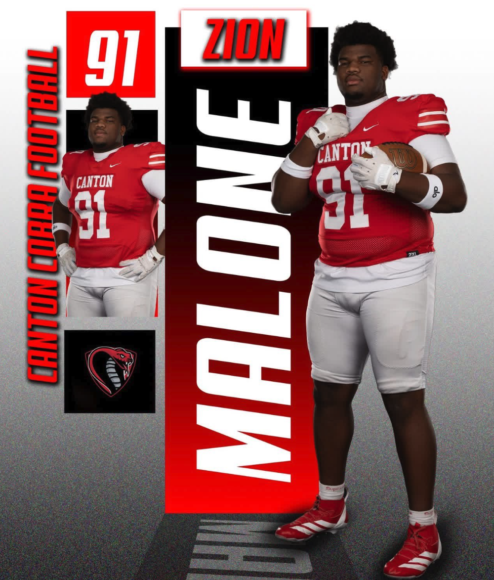 A recruiting graphic for Canton Cobras senior lineman Zion Malone, No. 91, shown in red and white Canton football gear beside the team's cobra logo.