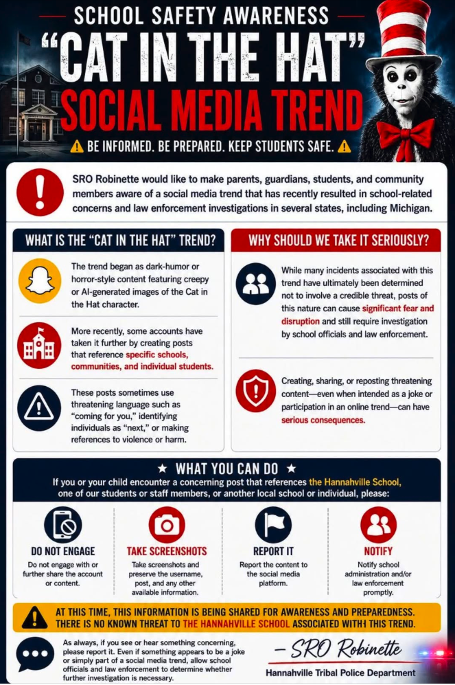 A 'School Safety Awareness' infographic from Hannahville Tribal Police Department about the 'Cat in the Hat' social media trend, listing what the trend is, why to take it seriously and what to do if you see a concerning post.