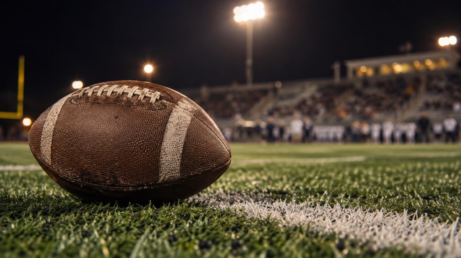 An American football on green artificial turf beside a white yard line under stadium lights.