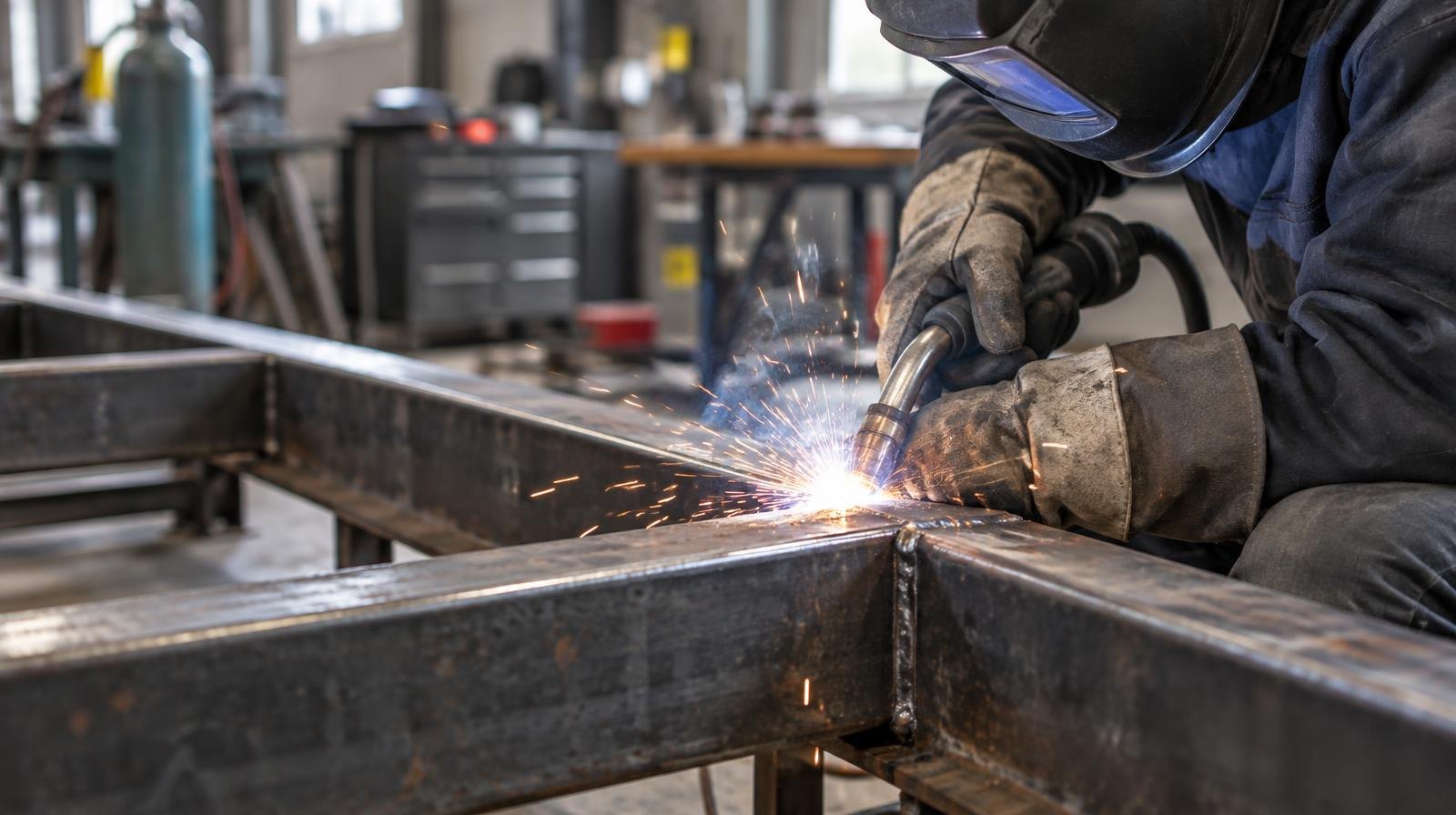 Welding torch producing bright sparks on a steel structural beam in a workshop.