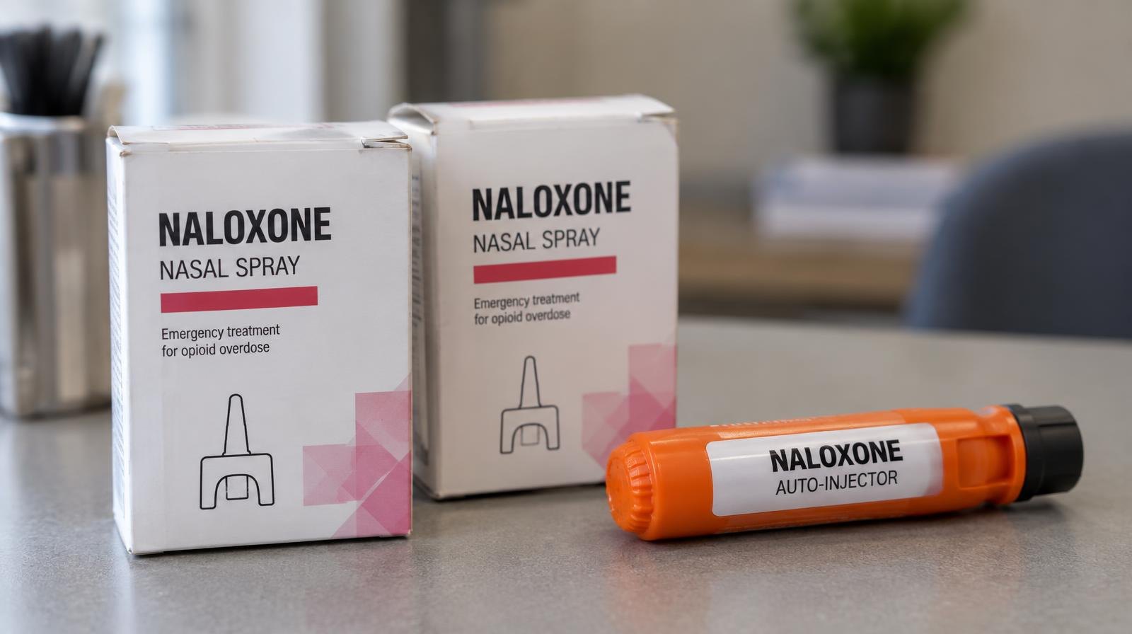 Two white nasal spray boxes and an orange auto-injector on a plain surface.