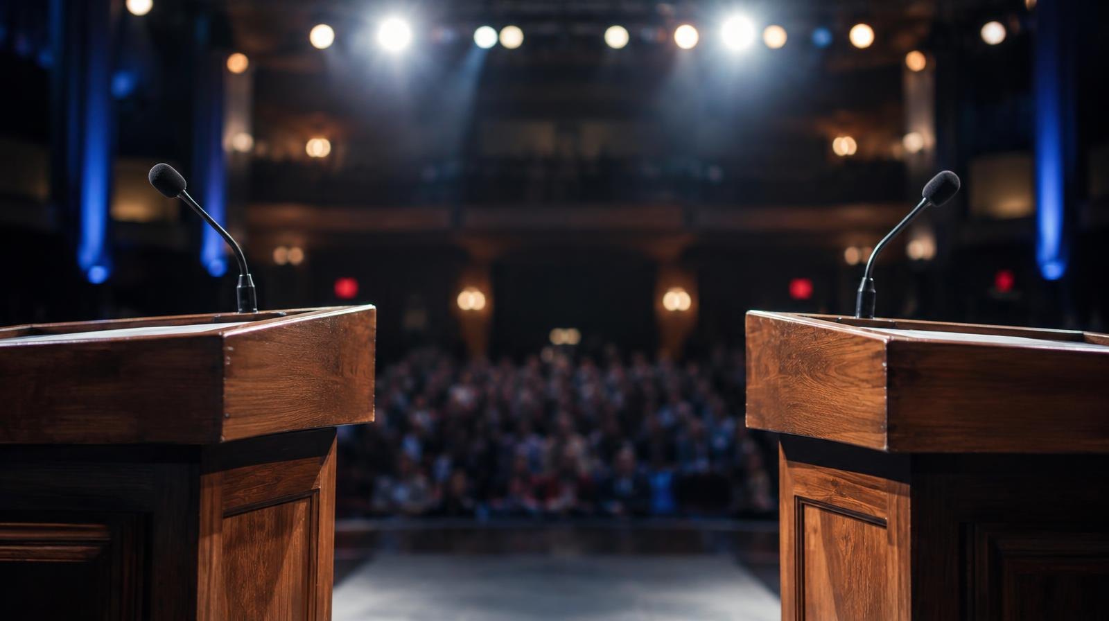 Two empty podiums on a stage under bright spotlights.