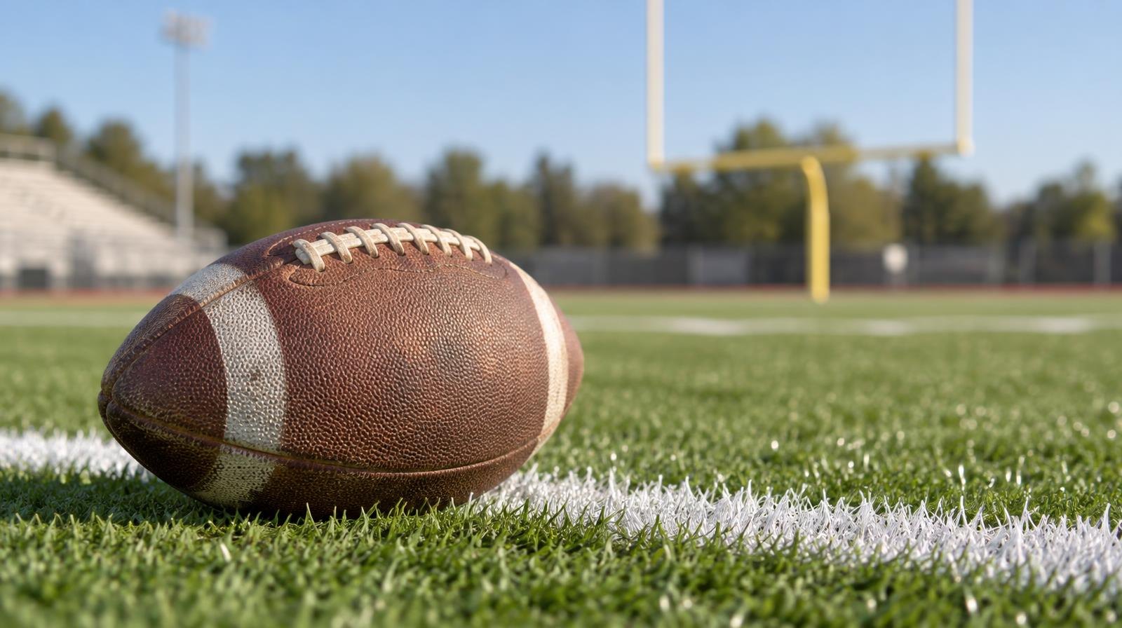 An American football resting on green grass beside a white yard line, goalposts in the background.