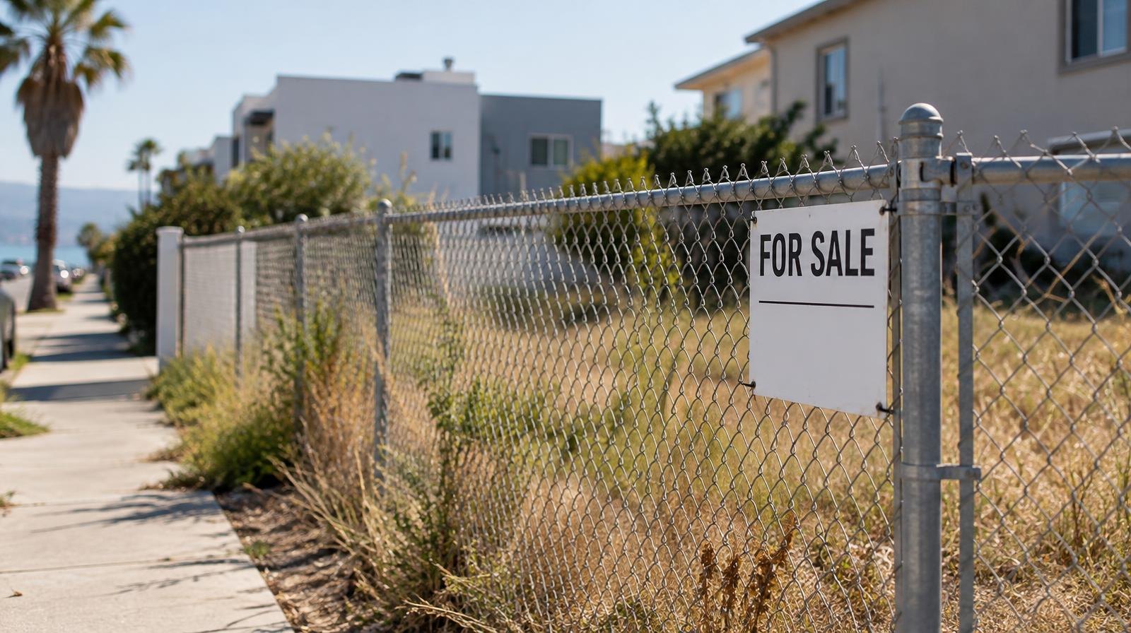 Small vacant lot with chain-link fence and dry grass on a sunny day.