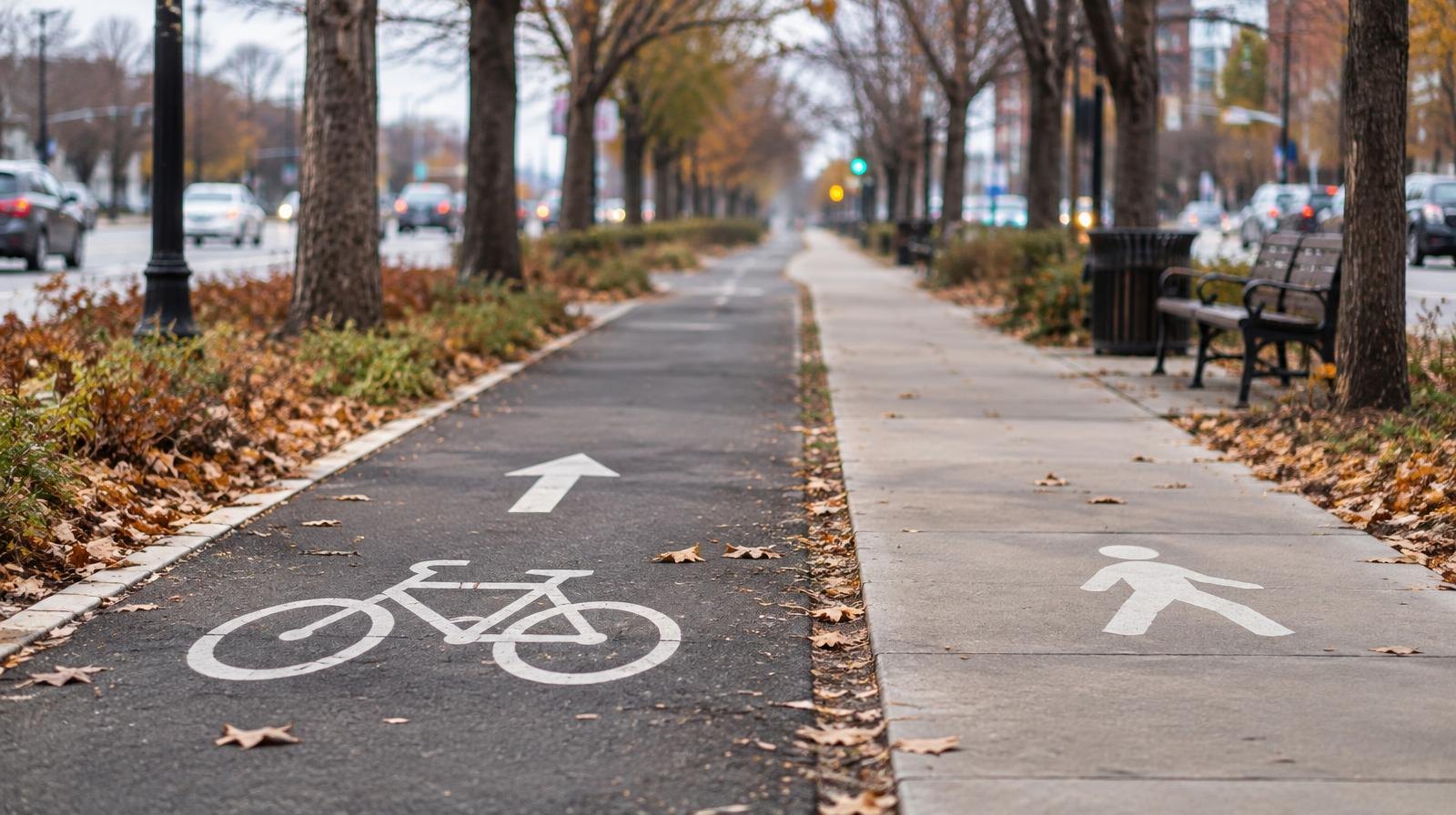 Paved urban median path with bicycle lane markings and pedestrian walkway under bare trees.