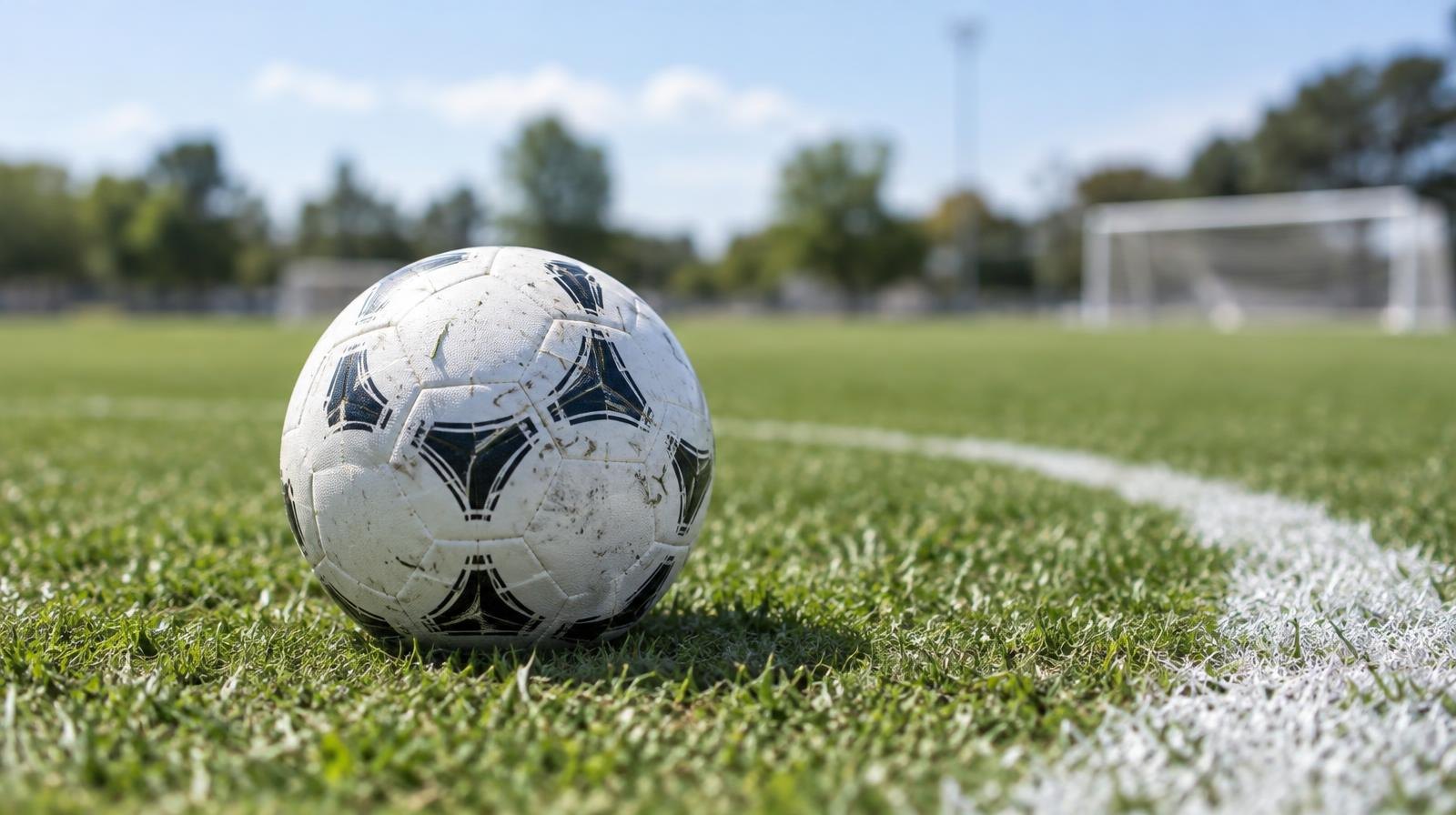 A white soccer ball resting on a green grass field near the center circle.