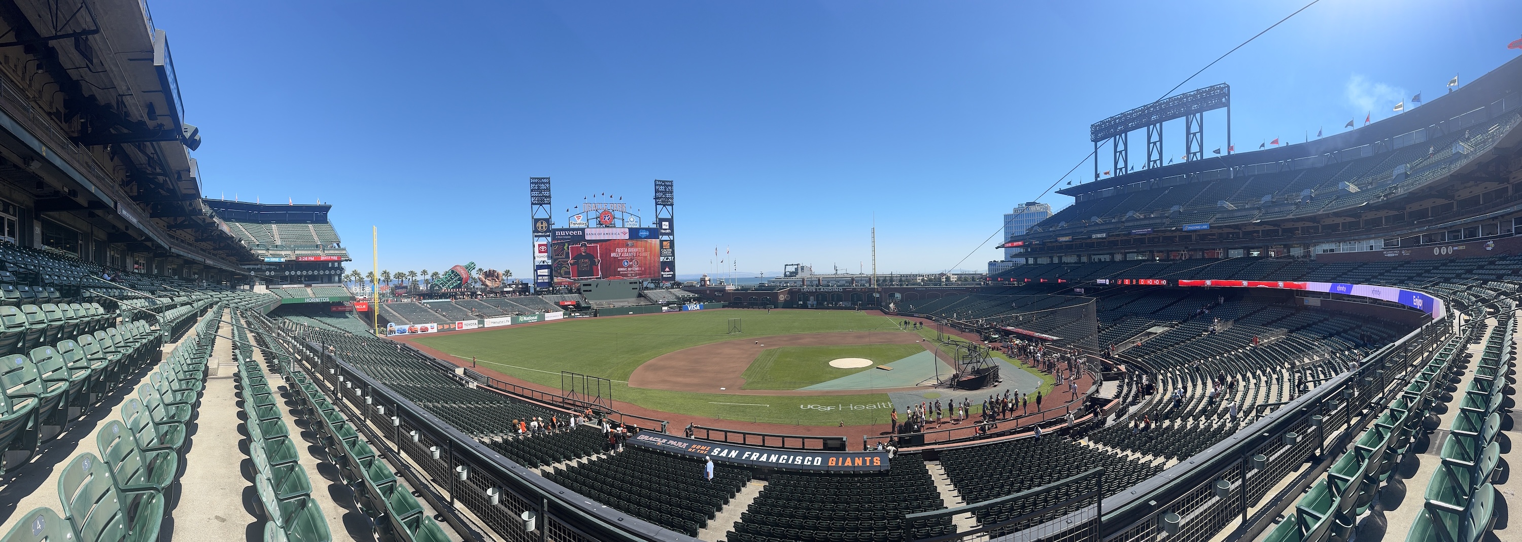 Panoramic view of Oracle Park baseball stadium from the upper deck with empty seats and a clear sky.