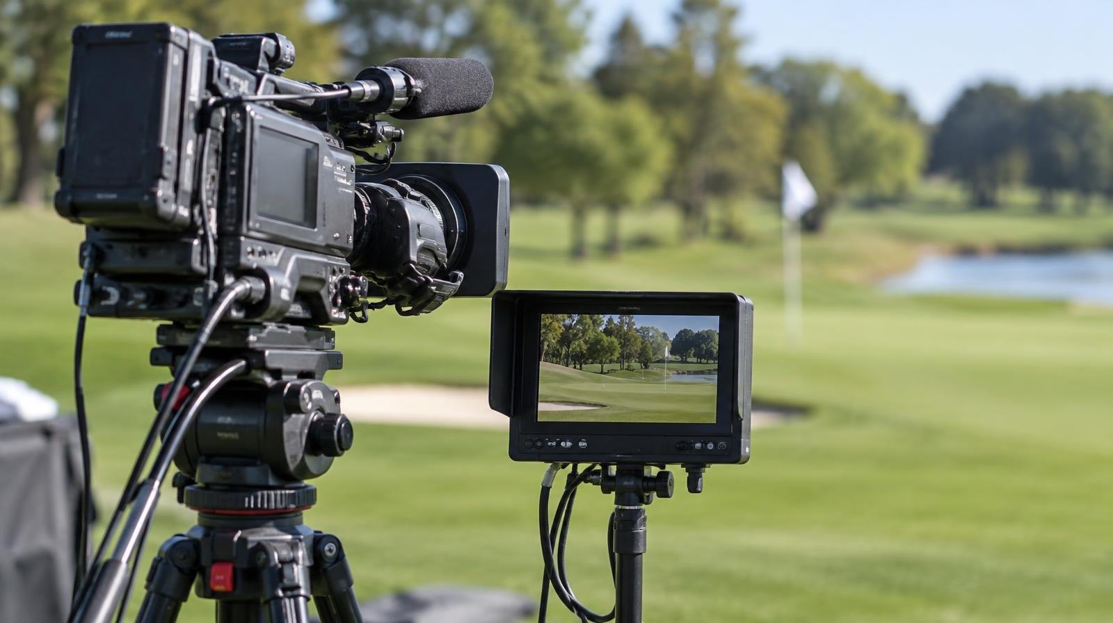 A broadcast camera on a tripod aimed at a sunny golf green.