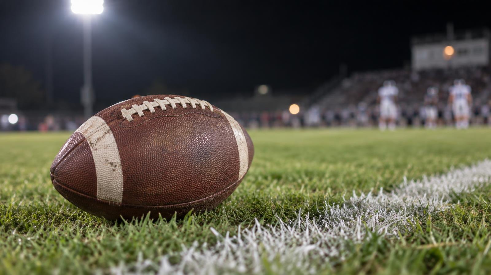 An American football resting on green grass beside a white yard line under bright stadium lighting.