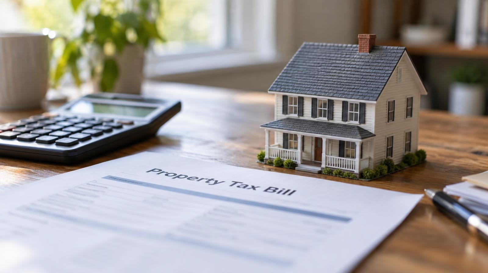 Small model house and calculator resting on a wooden desk beside a document.