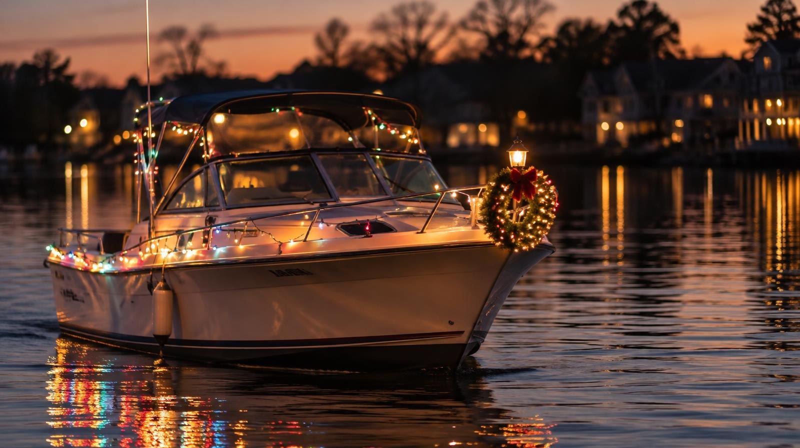 A small boat covered in colorful holiday lights reflected on dark water at twilight.