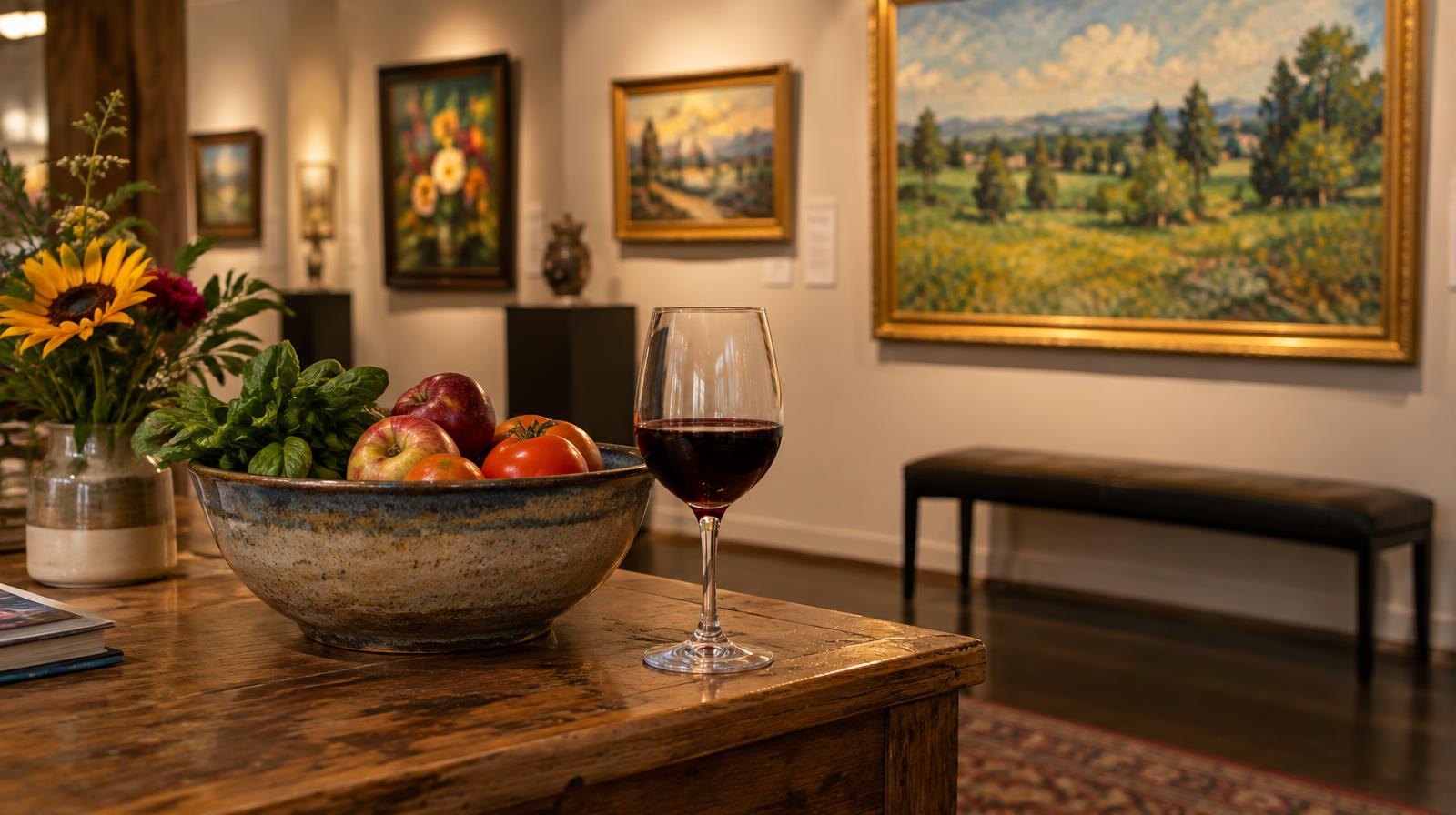 Gallery wall with framed paintings and a table holding a bowl of produce and a glass of wine.