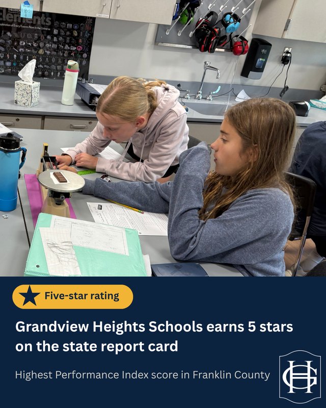 Promotional graphic with a gold five-star badge announcing a school district's top state report card rating.