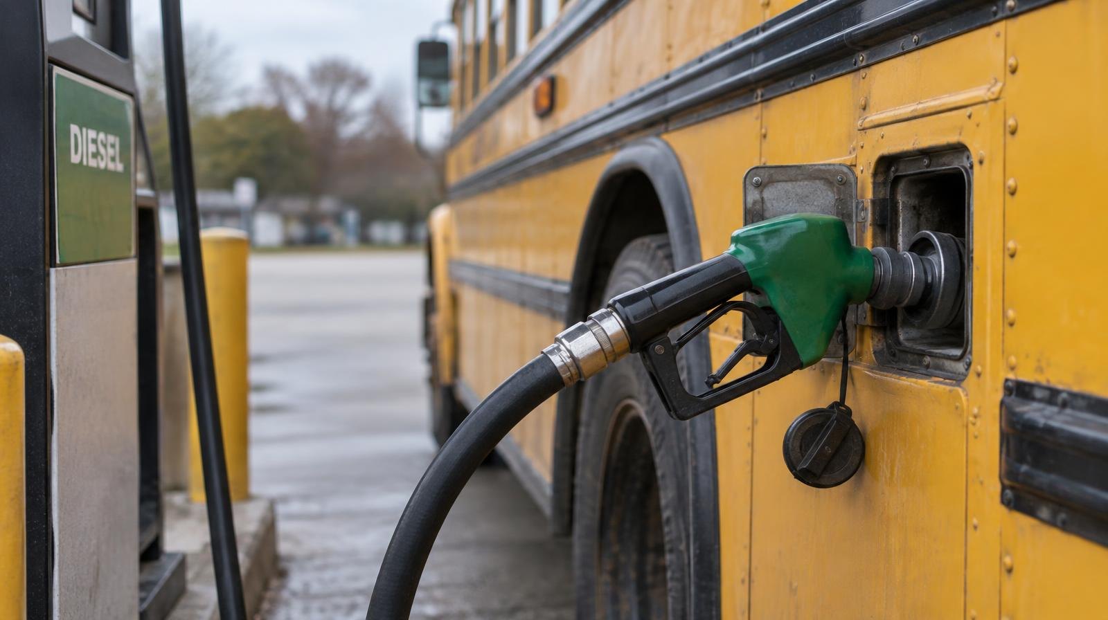 Yellow school bus parked at a diesel fuel pump with the nozzle inserted into the fuel tank.