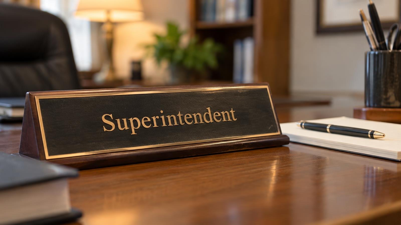A nameplate on a polished wooden desk beside a pen and notepad.
