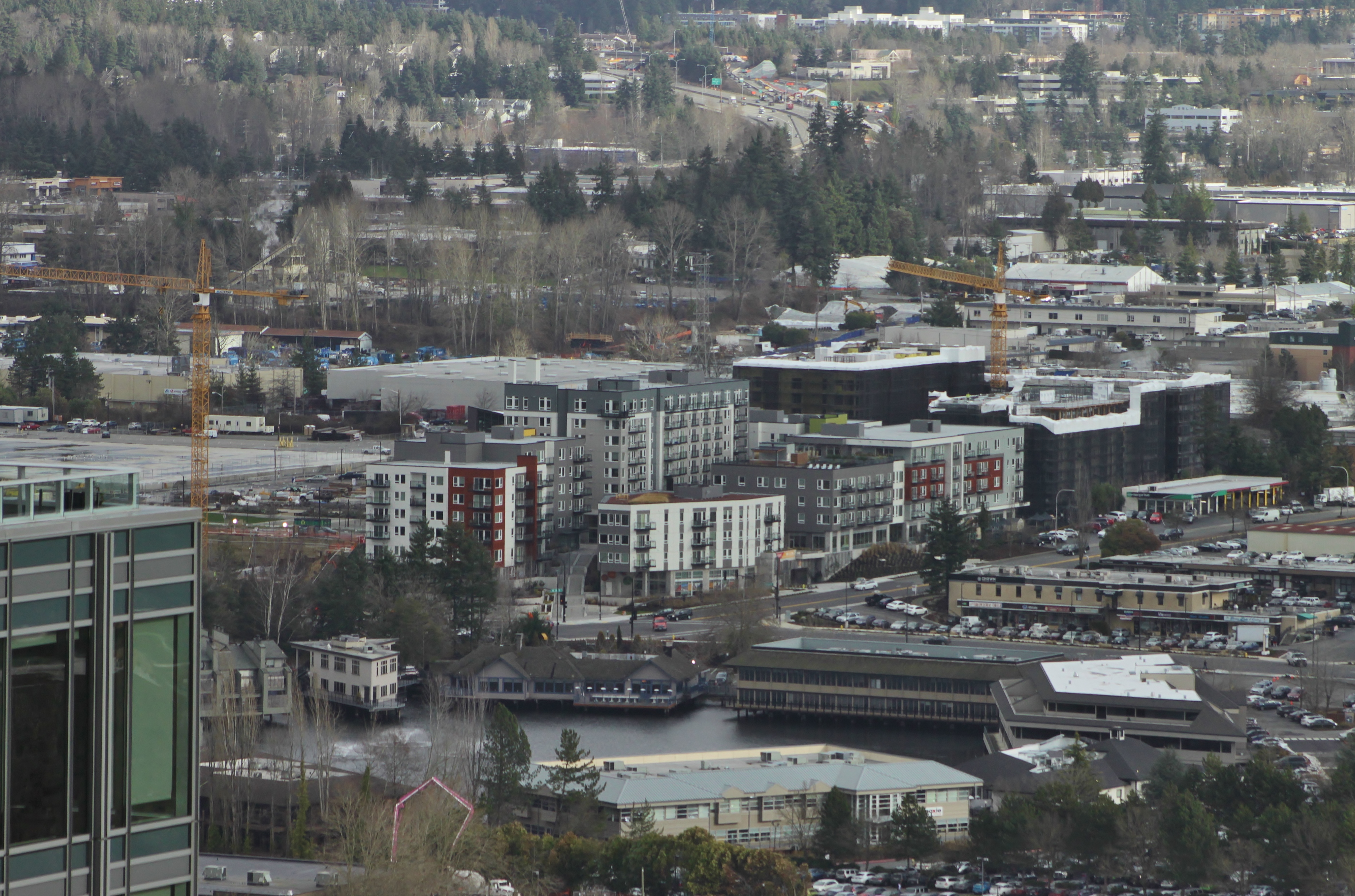 Aerial view of mid-rise office buildings and construction cranes in a Bellevue neighborhood.