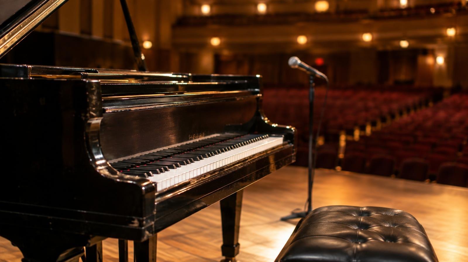 Grand piano and microphone stand on a warmly lit concert stage.