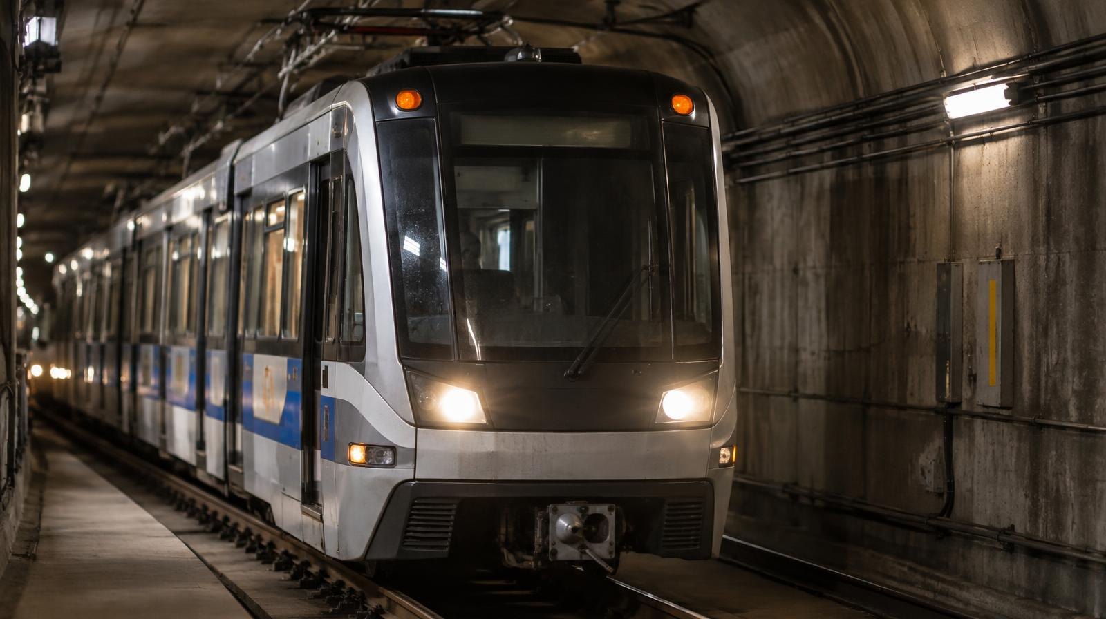 A light rail train moving through a tunnel with overhead power rails above.