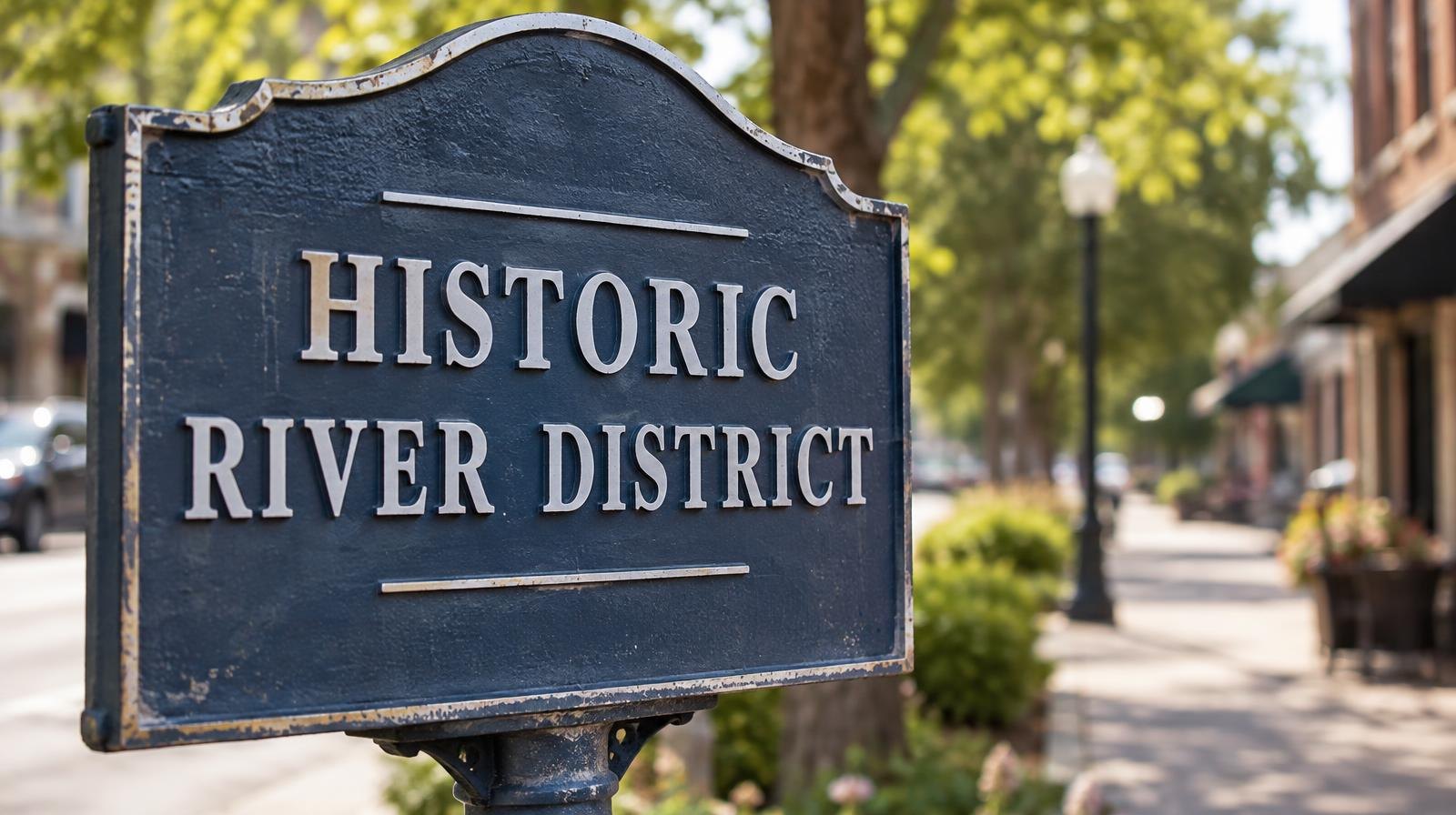 Dark blue cast-metal historical marker plaque on a post in sunlight.