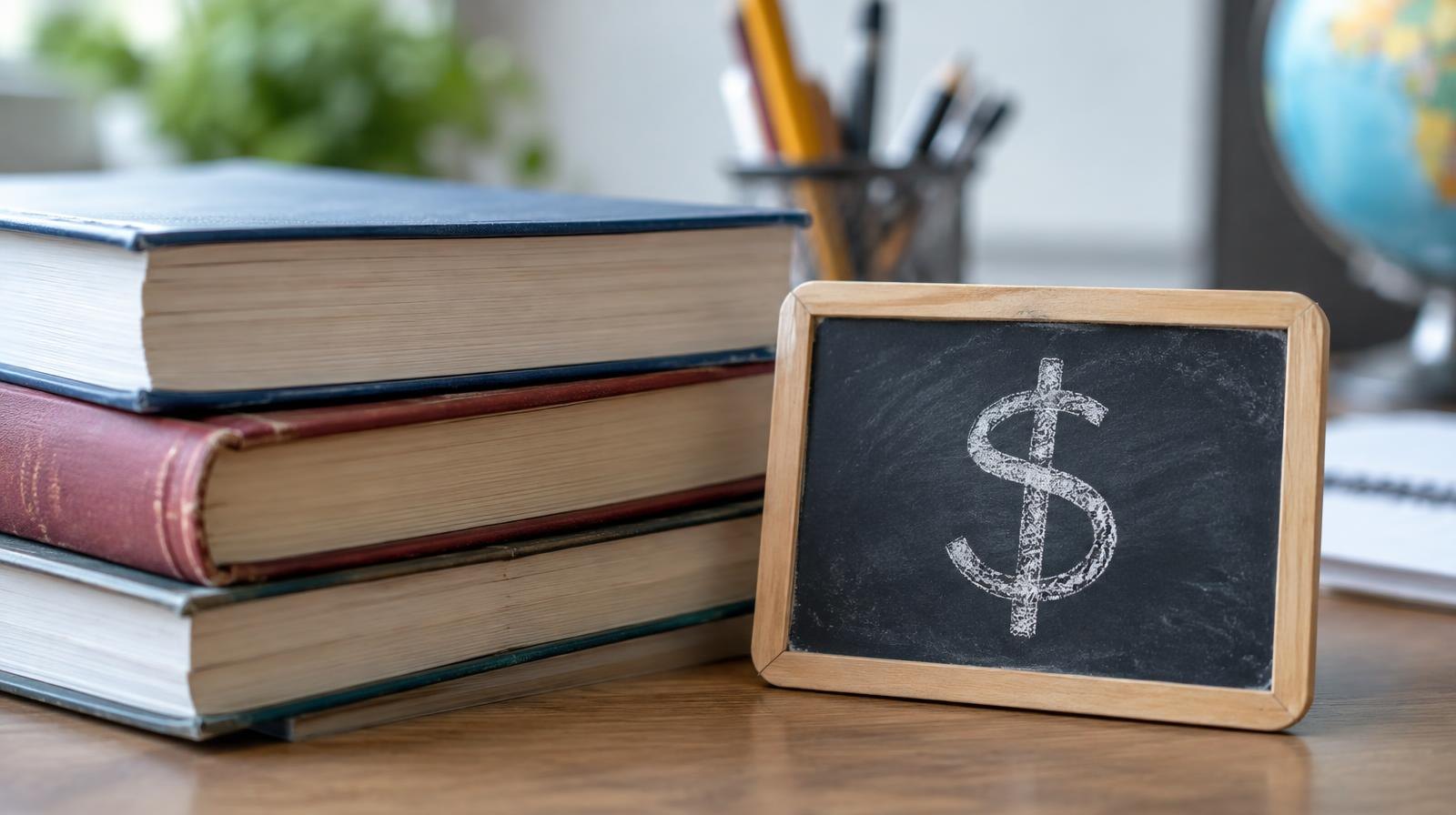 Stack of textbooks next to a small chalkboard on a flat surface.