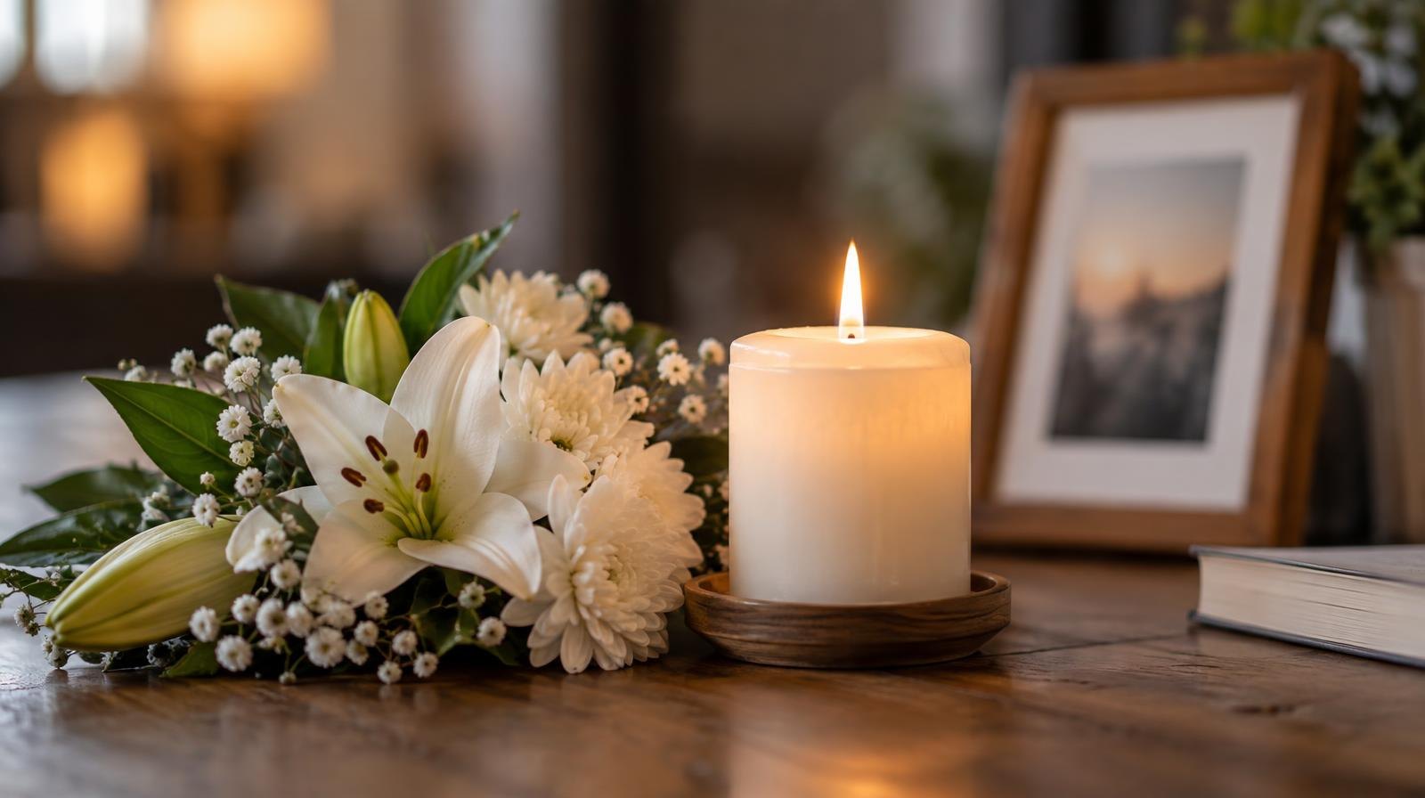 White flowers and a single lit candle on a wooden table.