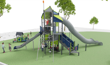 3D rendering of a multi-level playground with slides, climbing nets, and a synthetic ground surface.