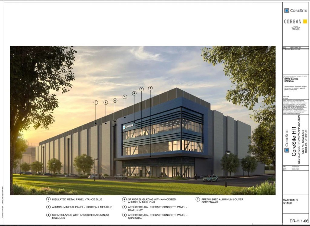 Architectural rendering of a large industrial building with labeled exterior material samples.