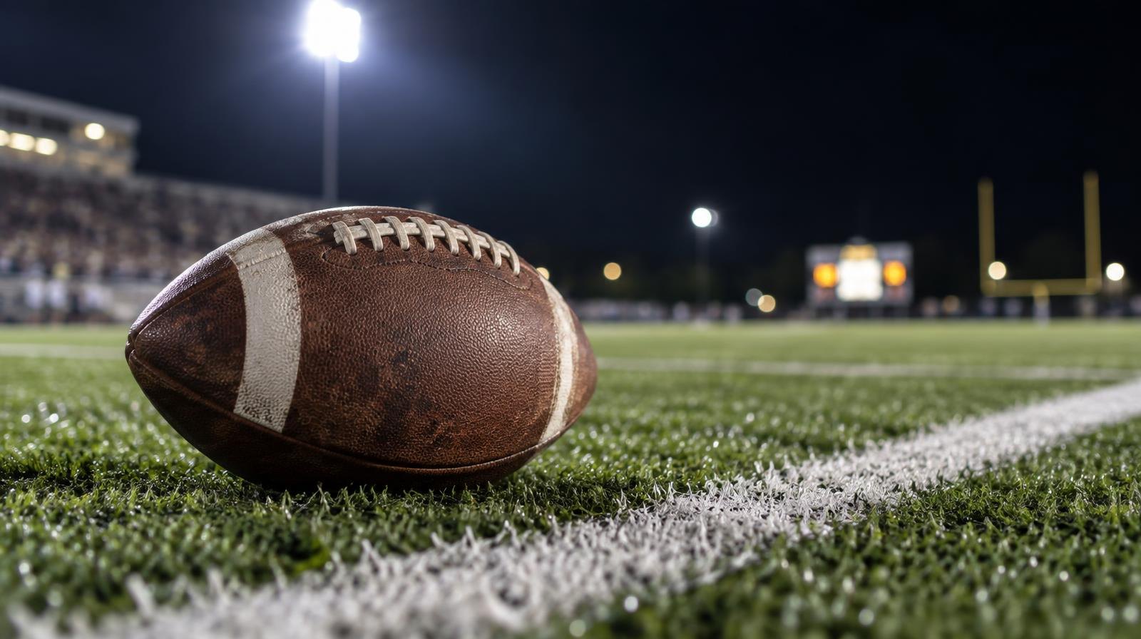 An American football on green artificial turf beside a white yard line under stadium lights.