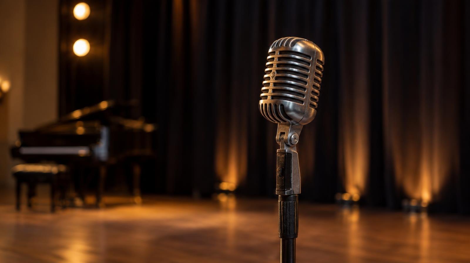 Vintage microphone on a stand under a warm spotlight on a dark stage.